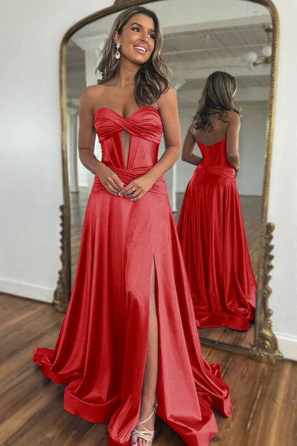 Red Sweetheart Zipper Back A-Line Off-the-Shoulder Long Satin Prom Dress With Split
