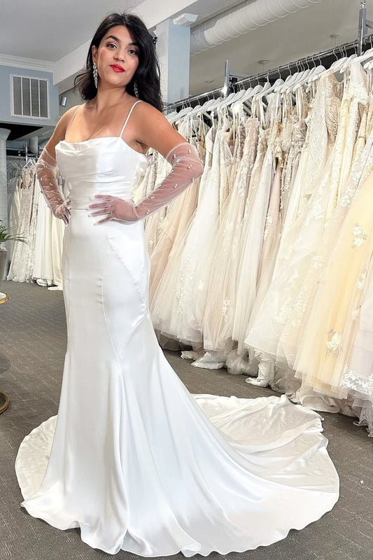 White Satin Cowl Neck Open Back Back Buckle Mermaid Mopping The Floor Long Wedding Dress