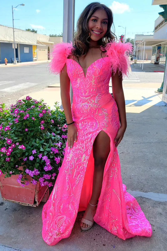 Sparkly Mermaid Off the Shoulder Pink Sequins Lace Long Prom Dresses with Feather