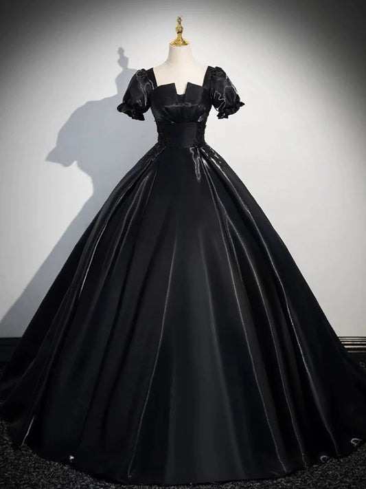 Luxury A-Line Short Sleeve Black Satin Long Fantastic Prom Dress Atmosphere Evening Dress