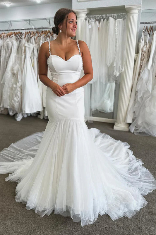 Attractive Mermaid Spaghetti Strap Sweetheart Tulle Wedding Dresses with Beading