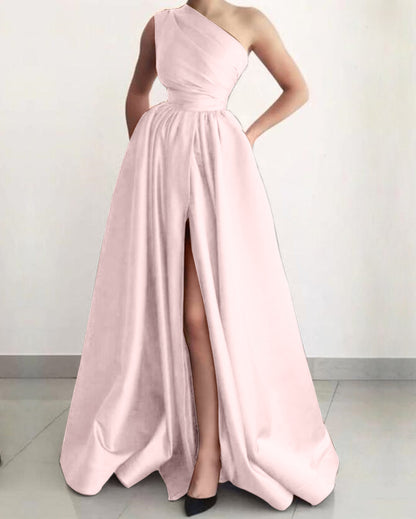 A Line One shoulder Sleeveless  Silk Like Satin Prom Dress With Split