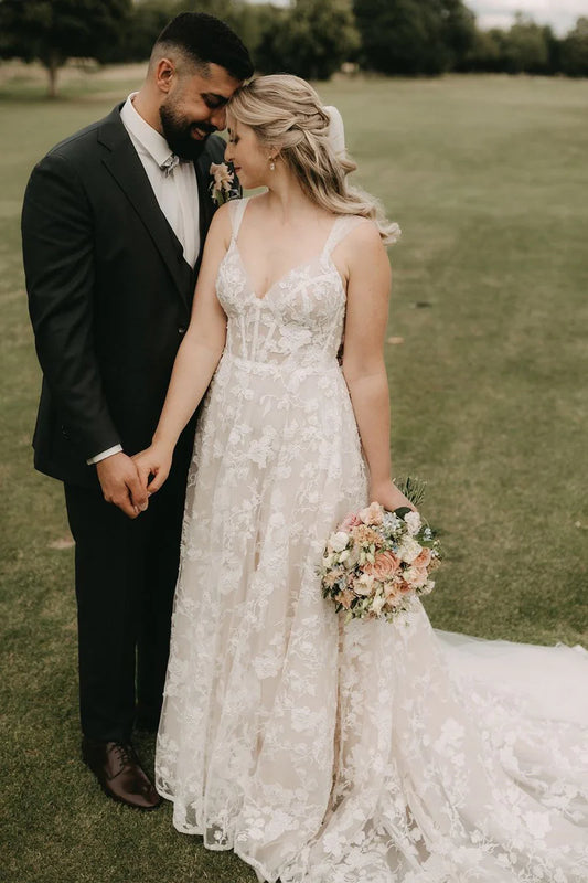 Fairy A Line V Neck Spaghetti Strap Tulle Lace Floor-Length Wedding Dresses