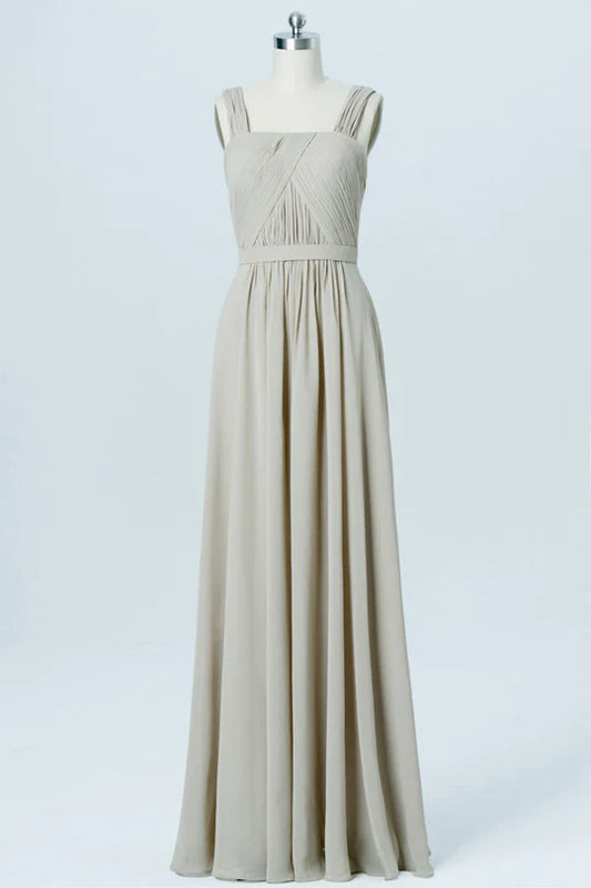 Grey Chiffon Wide Straps Square neck Banded Waist Bridesmaid Dress