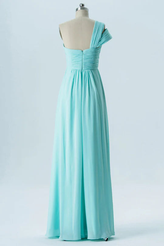 Aqua Blue Chiffon One-Shoulder Double Straps Backless Pleats Bridesmaid Dress