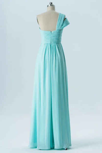 Aqua Blue Chiffon One-Shoulder Double Straps Backless Pleats Bridesmaid Dress