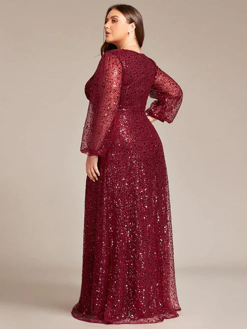 Plus Size V-Neck Lantern Long Sleeve Sequin A-Line Evening Dress/Prom Dresses Party Dresses