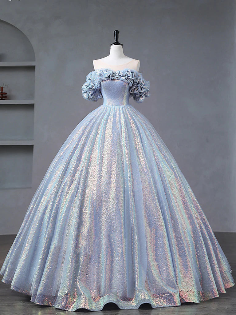 Fashion A-Line Off Shoulder Tulle Shining Sequin Long Atmosphere Prom Dress