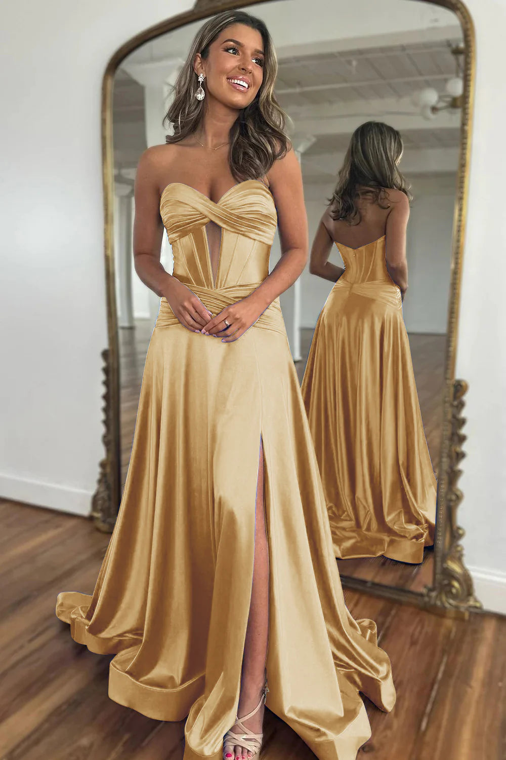 Gold Sweetheart Zipper Back A-Line Off-the-Shoulder Long Satin Prom Dress With Split