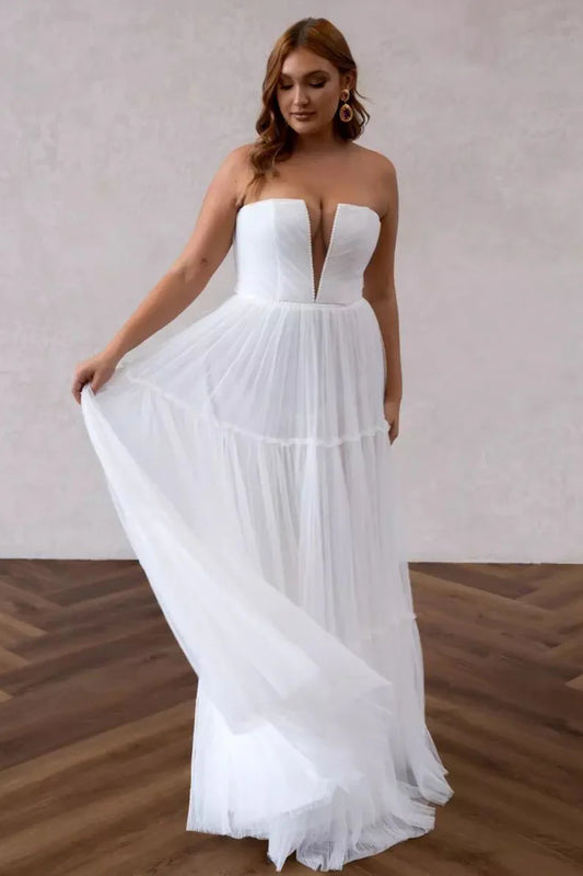 Charming A Line Off-the-Shoulder V Neck Tulle Wedding Dresses