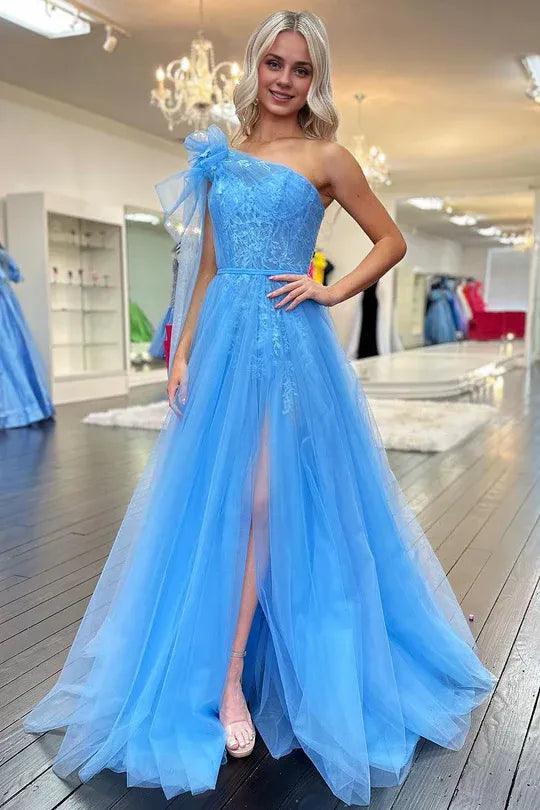 Cute A Line One Shoulder Blue Tulle Split Fork Prom Dress with Appliques