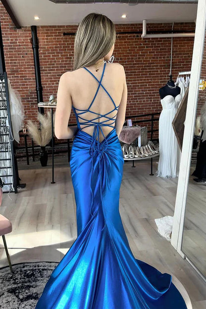 Royal Blue Scoop Neck Spaghetti Strap Satin Mermaid Lace-Up Back Long Prom Dress