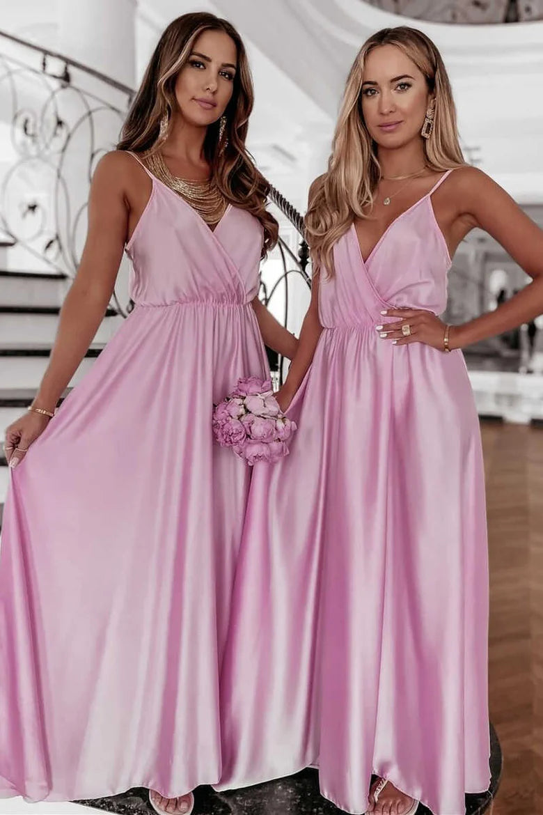 Pink  Retract your waist Spaghetti Straps A-Line Long Bridesmaid Dress