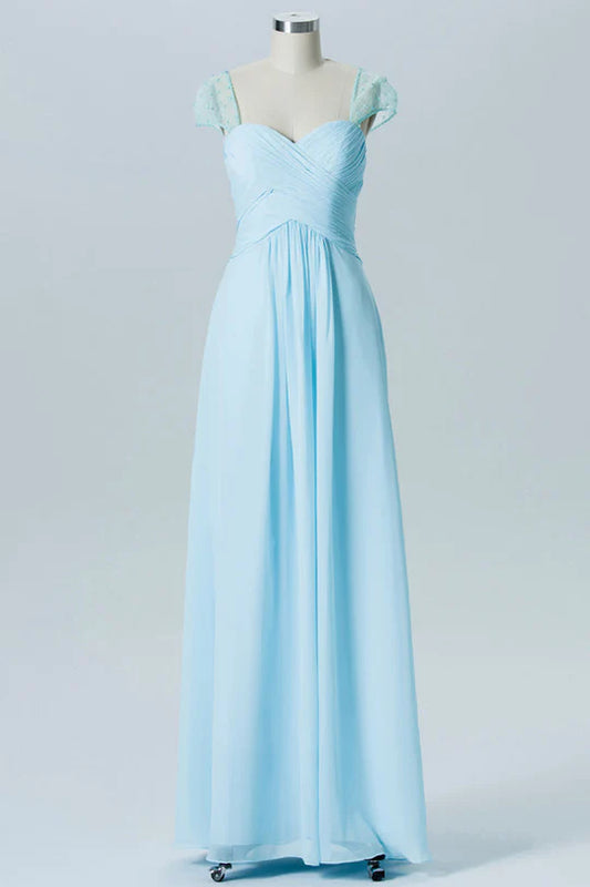 Light Blue Chiffon Sweetheart Pleats Sheer Puff Sleeve Bridesmaid Dress