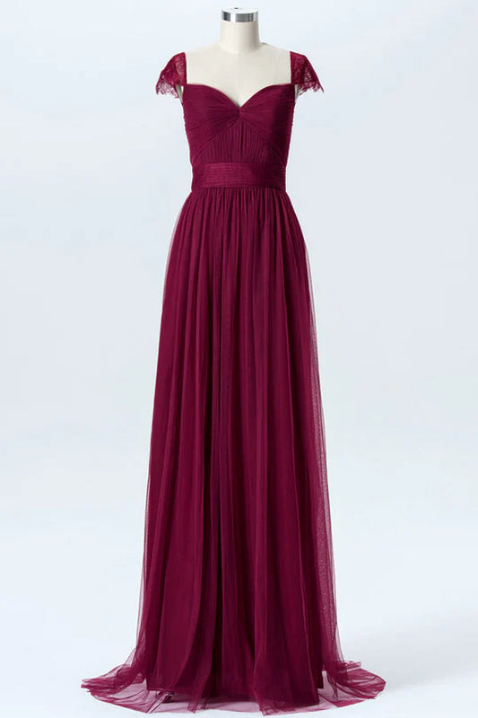 Burgundy Square neck Chiffon Hat Sleeves Cutout Back Bridesmaid Dress