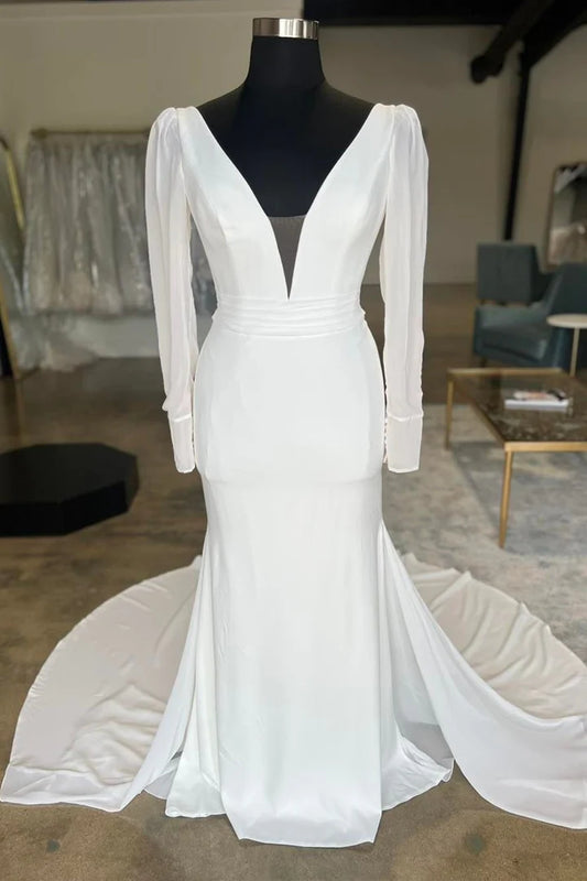 White Plunge V Open Back Mopping The Floor Long Wedding Dress with Long Sleeves ﻿