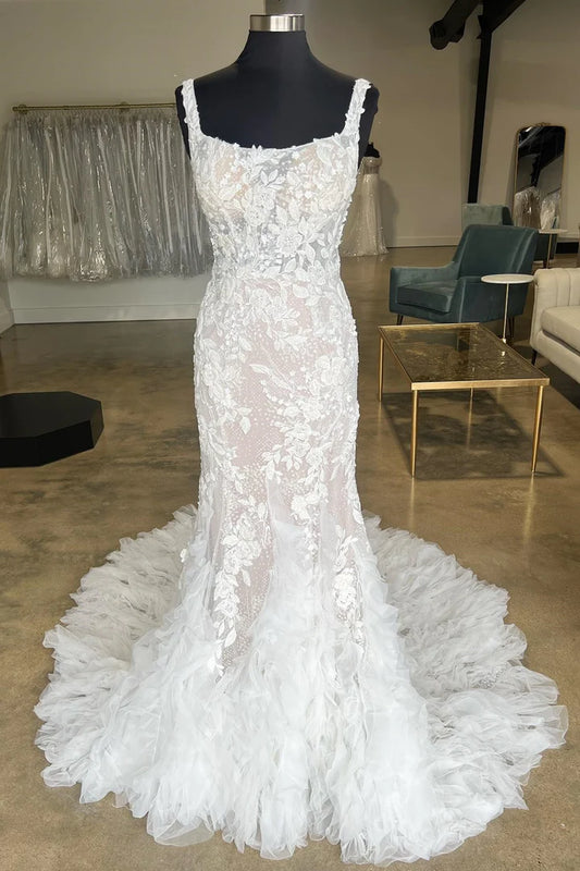 Ivory Floral Lace Square Neck Ruffles Mopping The Floor Long Wedding Gown ﻿