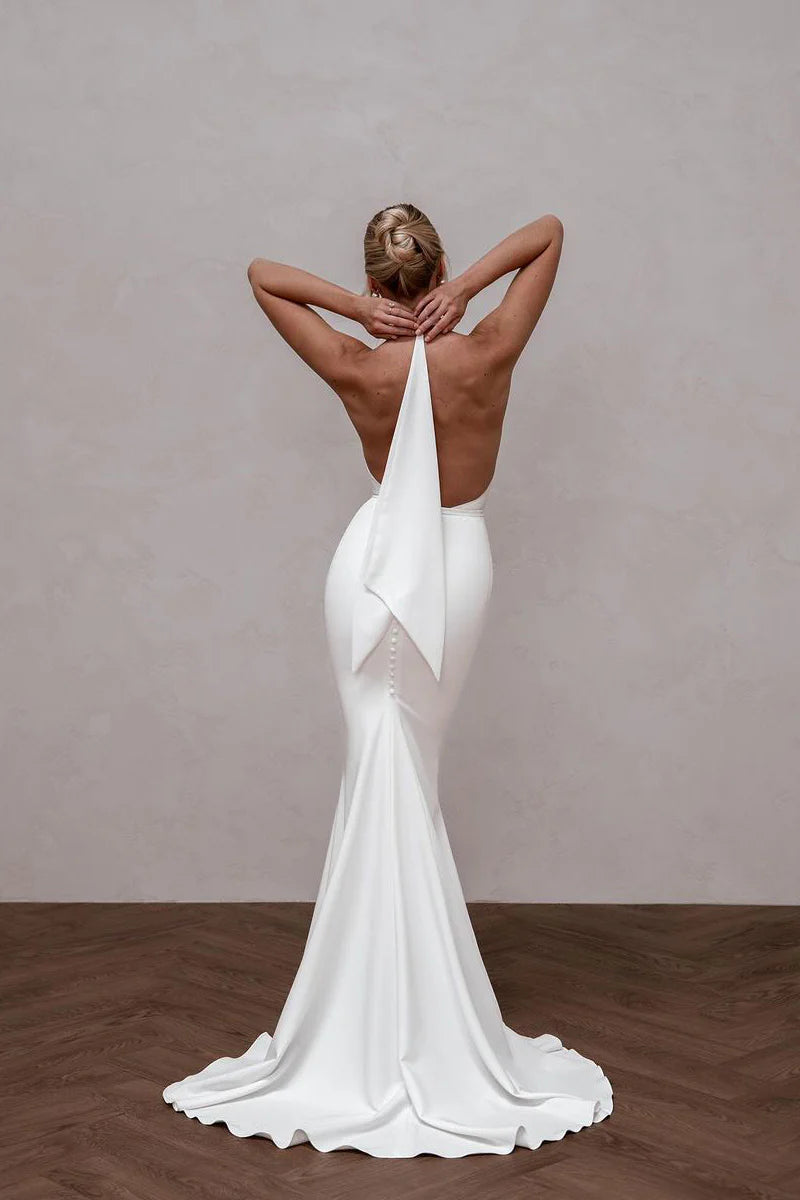 Elegant Mermaid Deep V Neck Halter  Satin Wrap The Buttocks Long Wedding Dress