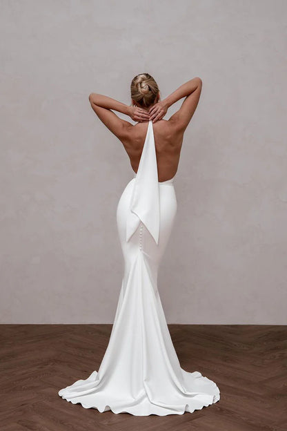 Elegant Mermaid Deep V Neck Halter  Satin Wrap The Buttocks Long Wedding Dress