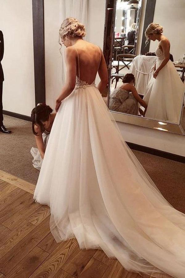 Backless Lace/Tulle Beach Wedding Dress Fashion Bridal Gown