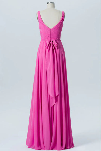 Hot Pink  V-Neck Chiffon Sleeveless Bow Back Bridesmaid Dress