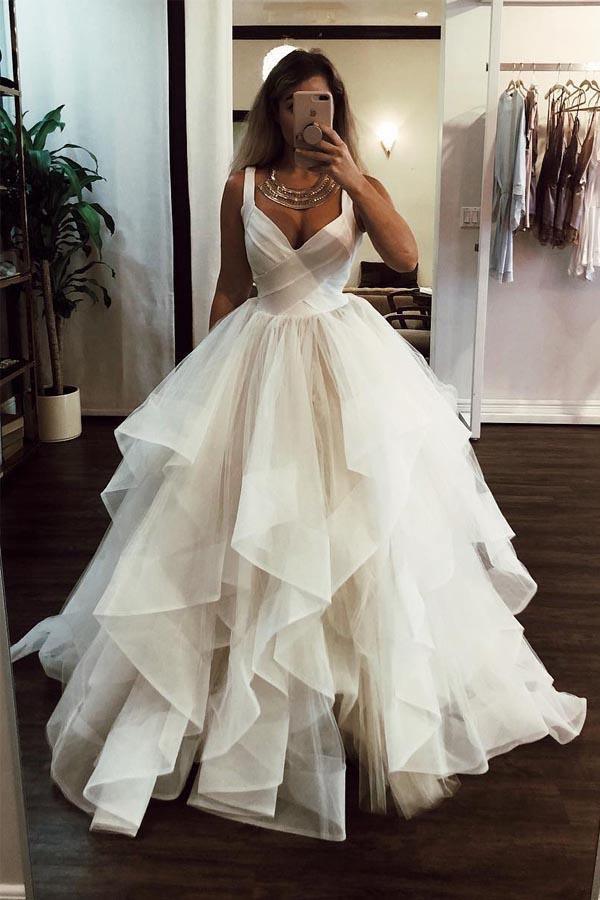 Ball Gown Elegant Floor Length Cascading Ruffles Tulle Wedding Dress