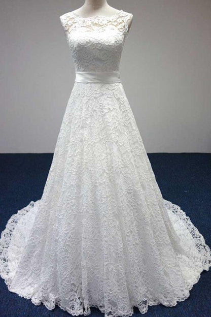 Bateau A-Line Lace Sash Bowknot Sleeveless Wedding Dress