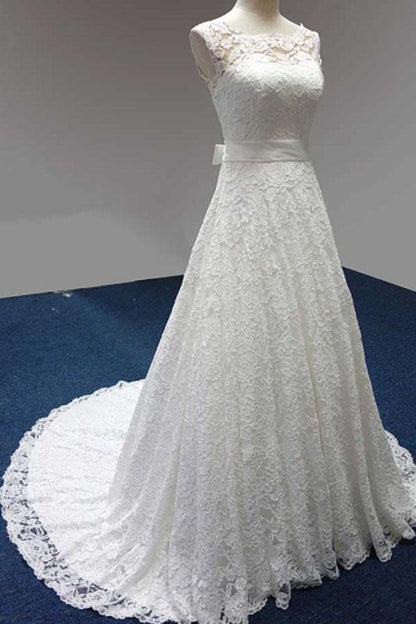 Bateau A-Line Lace Sash Bowknot Sleeveless Wedding Dress