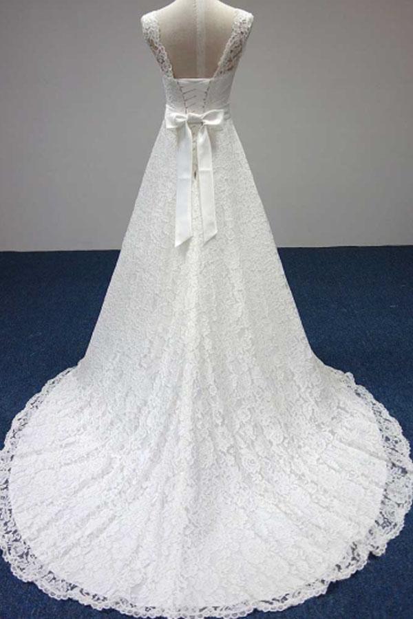 Bateau A-Line Lace Sash Bowknot Sleeveless Wedding Dress