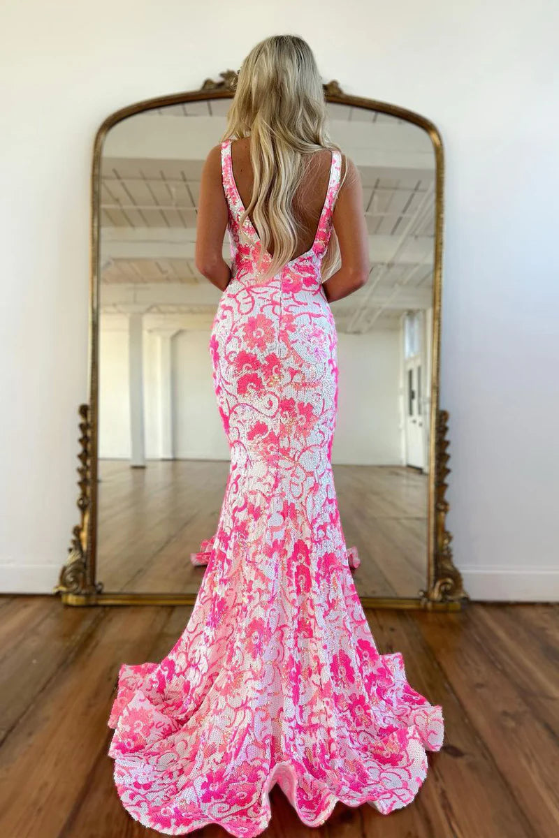 Gorgeous Mermaid V Neck Pink White Sequins Backless Floor-Length Long Prom Dress