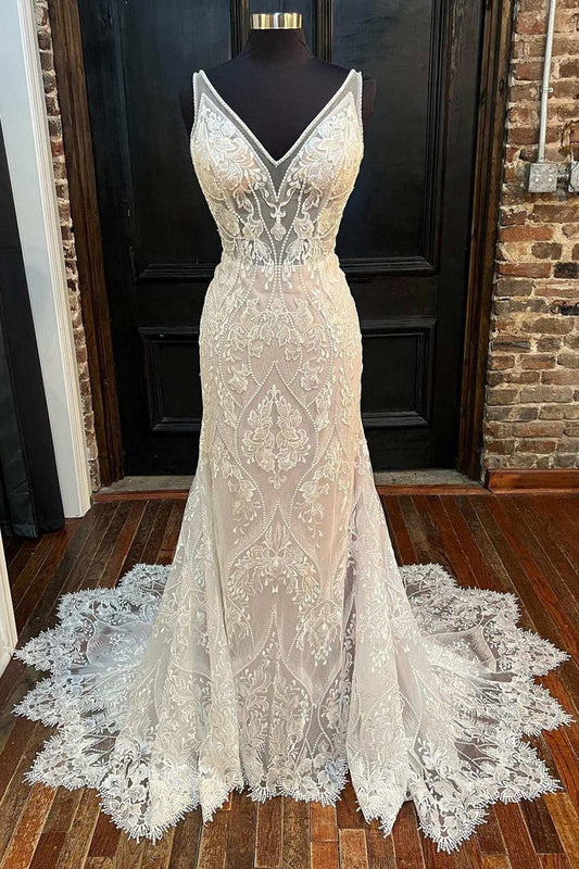 Glamorous Beige Lace V-Neck Backless Mermaid Mopping The Floor Long Wedding Dress ﻿