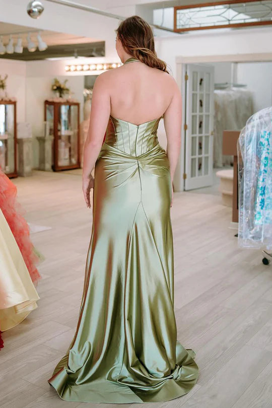 Classic Mermaid Halter Sage Green V-Neck Satin Long Prom Dress with Slit