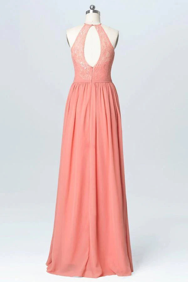 Halter Lace Long Chiffon Peach Bridesmaid Dresses