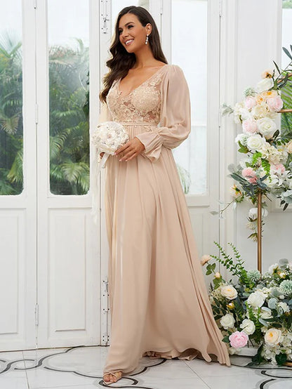 A-Line/Princess Chiffon Lace V-neck Long Sleeves Sweep/Brush Train Bridesmaid Dresses