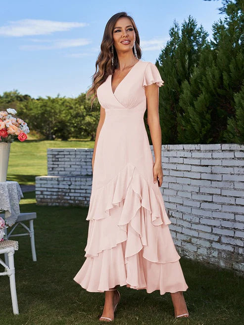 A-Line/Princess Chiffon Ruched V-Neck Short Sleeves Ankle-Length Bridesmaid Dresses