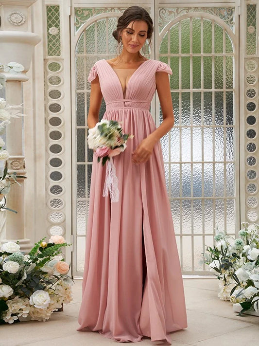 A-Line Princess Chiffon Ruffles V-neck Sleeveless Bridesmaid Dresses