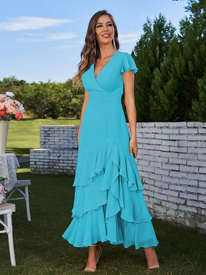 A-Line/Princess Chiffon Ruched V-Neck Short Sleeves Ankle-Length Bridesmaid Dresses