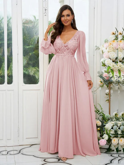 A-Line/Princess Chiffon Lace V-neck Long Sleeves Sweep/Brush Train Bridesmaid Dresses