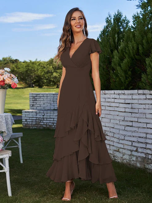 A-Line/Princess Chiffon Ruched V-Neck Short Sleeves Ankle-Length Bridesmaid Dresses