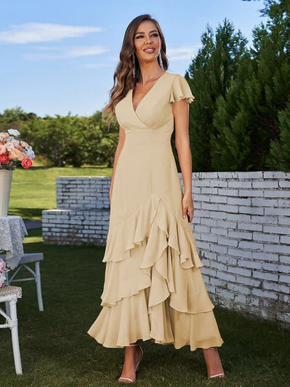 A-Line/Princess Chiffon Ruched V-Neck Short Sleeves Ankle-Length Bridesmaid Dresses