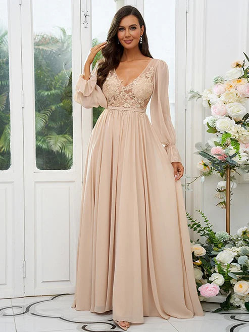 A-Line/Princess Chiffon Lace V-neck Long Sleeves Sweep/Brush Train Bridesmaid Dresses