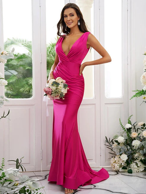 Trumpet/Mermaid Jersey Ruched V-neck Sleeveless Sweep/Brush Train Bridesmaid Dresses Party Dresses Wedding Guest Dresses