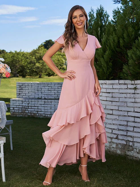 A-Line/Princess Chiffon Ruched V-Neck Short Sleeves Ankle-Length Bridesmaid Dresses