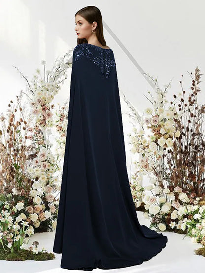 Sheath / Column Prom Dresses Empire Dress Engagement Sweep / Brush Train Sleeveless Jewel Neck Stretch Chiffon with Beading