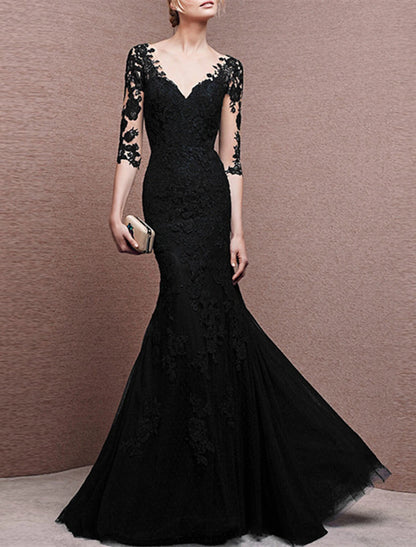 Sheath Mermaid Half Sleeve V Neck Evening Gown Floor Length Prom Dress with Buttons Appliques