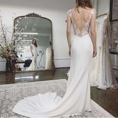 Beach Wedding Dress Cap Sleeves Appliques Backless Lace Bridal Dresses