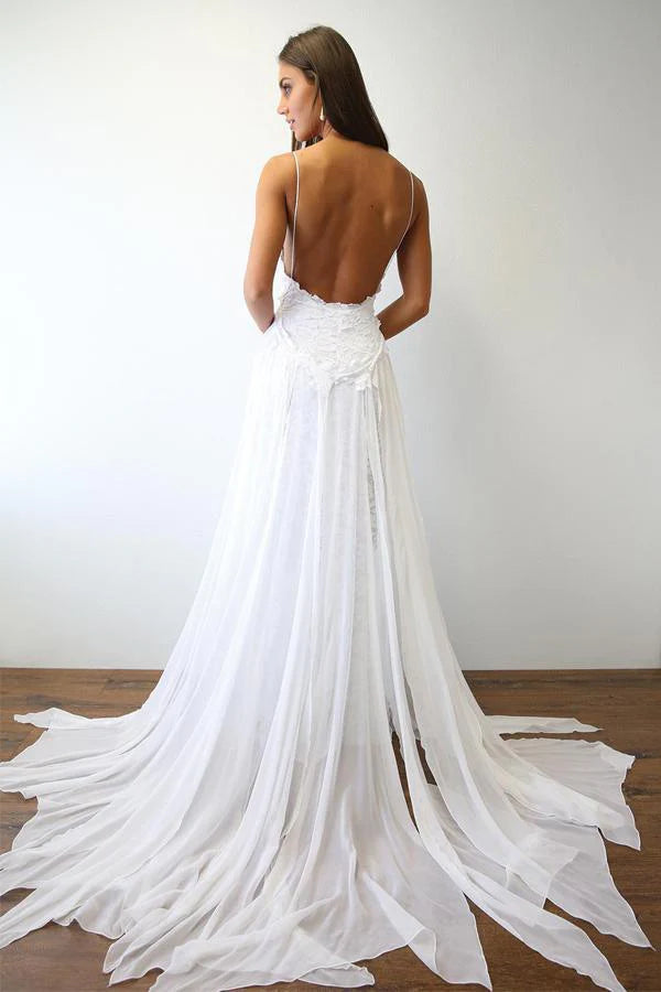 Sexy Spaghetti Straps White Long Beach Wedding Dress