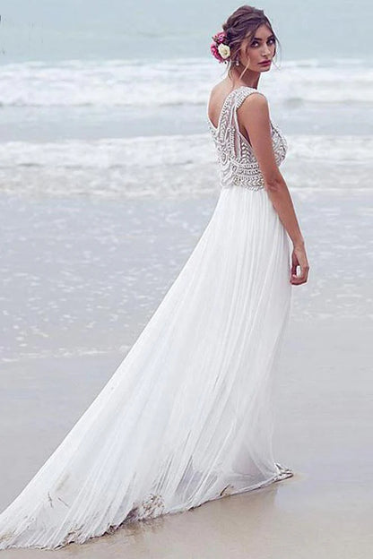 Beach Wedding Dresses A-line V-neck Short Train Sexy Bridal Gown