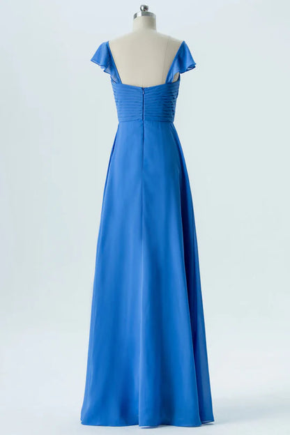 Cobalt Blue Square neck Chiffon Sweetheart Bridesmaid Dress with Cap Sleeves ﻿