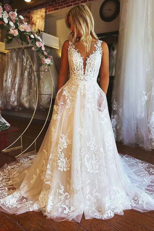 Stunning A Line V Neck Tulle Backless Lace Wedding Dresses with Pockets